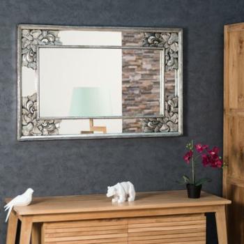Miroir déco en bois patiné Mathilde argent 1m10 x 70cm Miroir déco en bois patiné