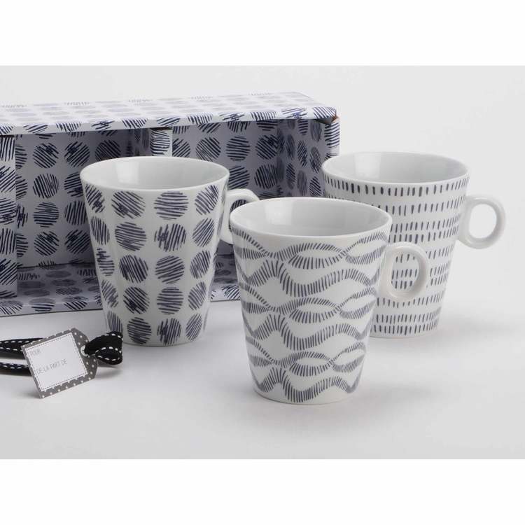 Coffret 3 mugs assortis en porcelaine blanc et ble