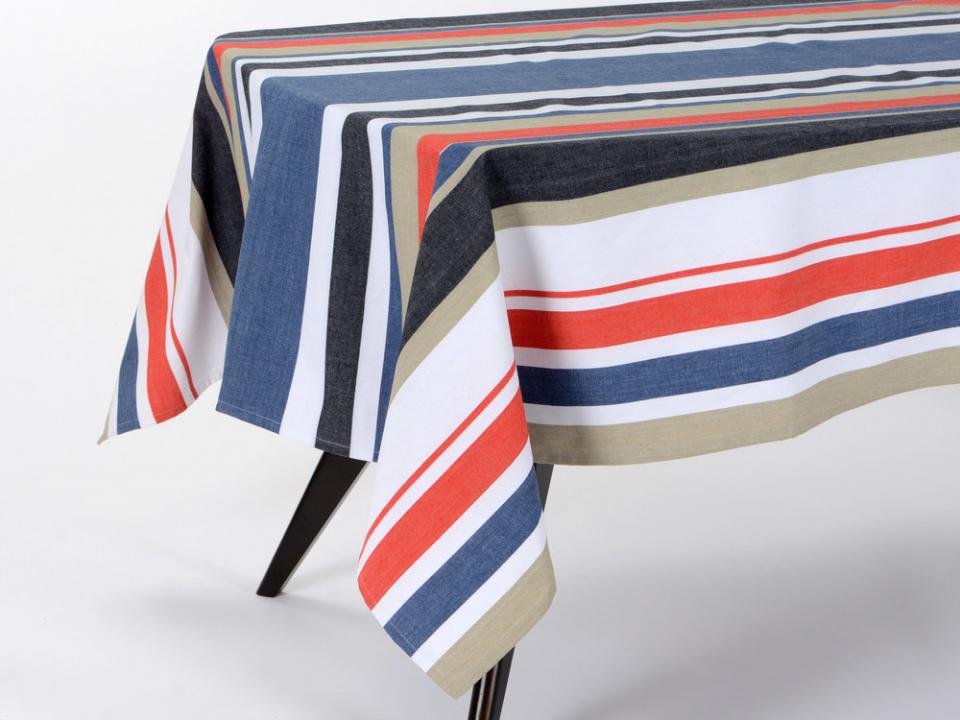 Nappe 100% coton enduit rayure bayadère marin bleu