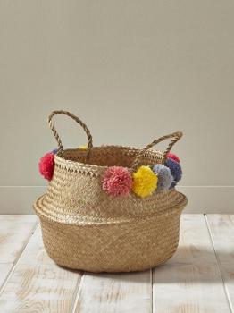 Panier tressé osier pompons naturel