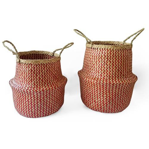 Panier boule en jonc de mer naturel et rouge (par