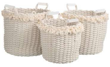 Set de 3 paniers tressé en coton et coquillage blanc Set de 3 paniers tressé en