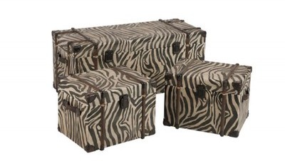 Ensemble De 3 Coffres Ethnique Bois Cuir Zèbre 101X43X43Cm Ensemble De 3 Coffres Ethnique