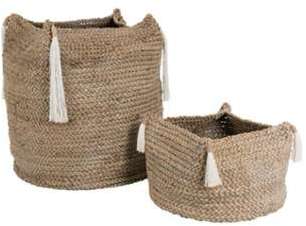 Set de 2 paniers carrés naturel à pompons blanc Set de 2 paniers carrés naturel