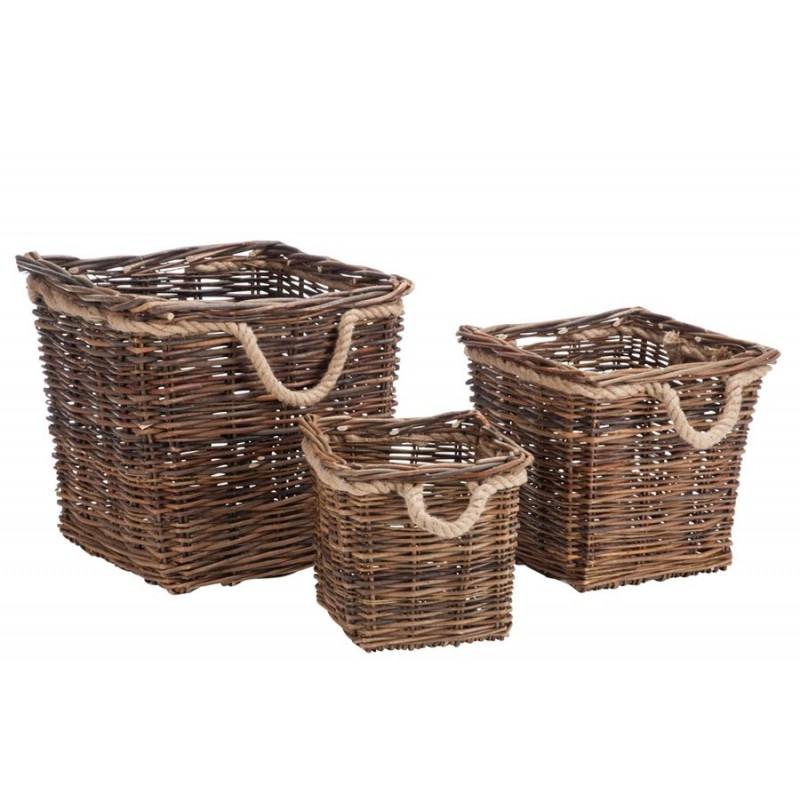 Set de 3 paniers carrés saule naturel 51x51x46cm Set de 3 paniers carrés saule