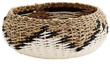 Panier corbeille ronde en jonc naturel noir et bla