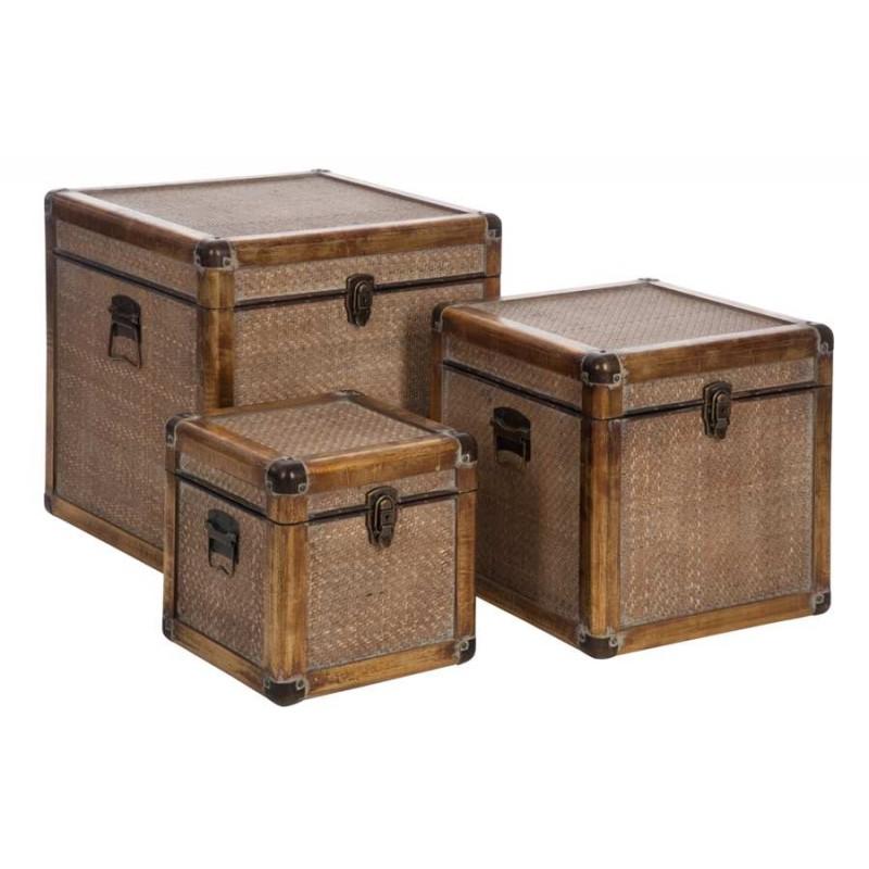 Set de 3 Malles carrées vintage bois et rotin Naturel Set de 3 Malles carrées vintage