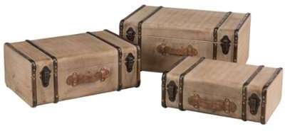 Set de 3 valises en bois et lin marron et beige Set de 3 valises en bois et