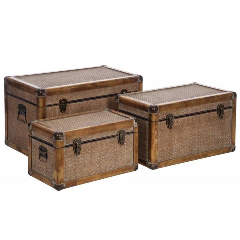 Set de 3 malles rectangulaire vintage bois et rotin Set de 3 malles rectangulaire