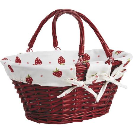 Panier en osier rouge doublé tissu fraises 33 cm