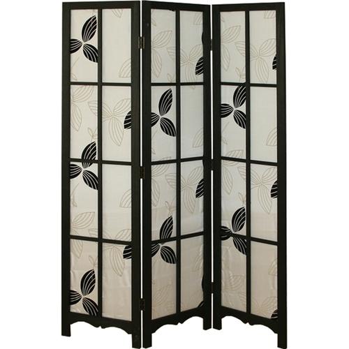 Paravent en bois noir et tissu à motifs de 3 pans