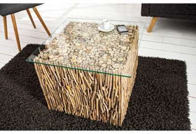 Table basse design fossile en bois et verre trempé Table basse design fossile