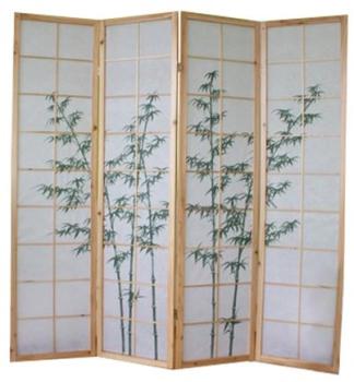 Paravent bois naturel avec dessin bambou vert - 4