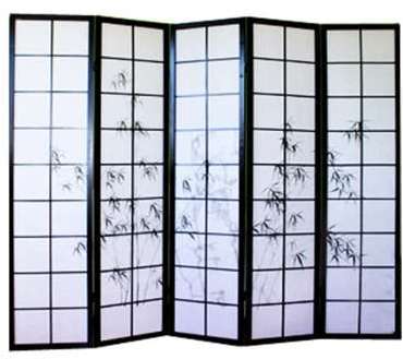Paravent japonais en bois noir dessin bambou de 5