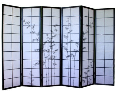 Paravent bois noir avec dessin bambou noir - 6 pan