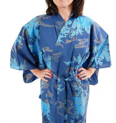 Kimono yukata traditionnel japonais bleu en coton