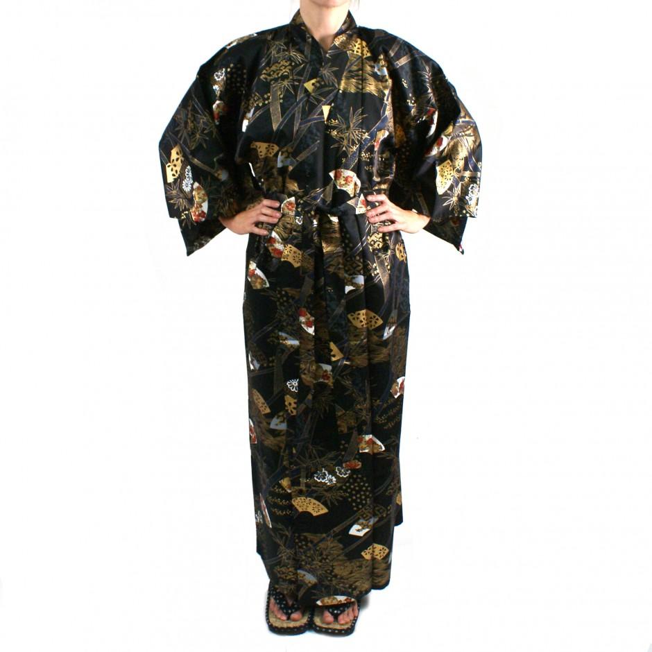 Kimono japonais noir en coton japonais pour femme