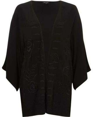 Kimono noir fleuri à broderies et franges