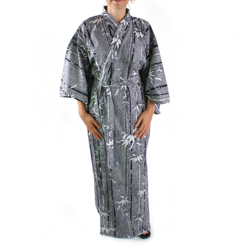 Yukata japonais bleu blanc en coton pour femme bam