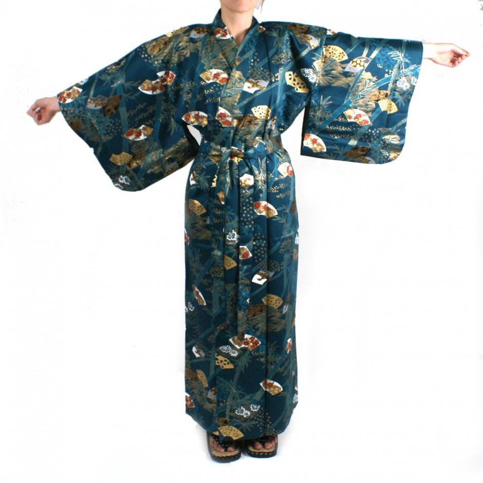 Kimono japonais vert en coton japonais pour femme