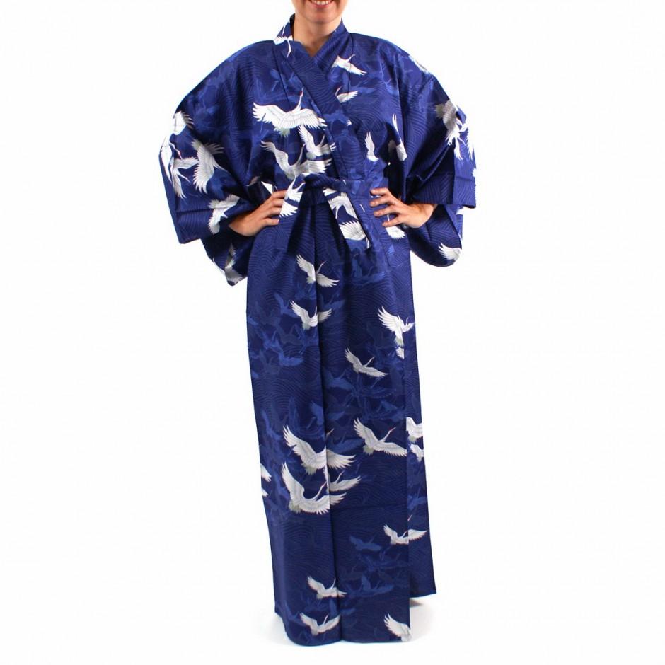 Kimono japonais bleu long en coton pour femme TSUR