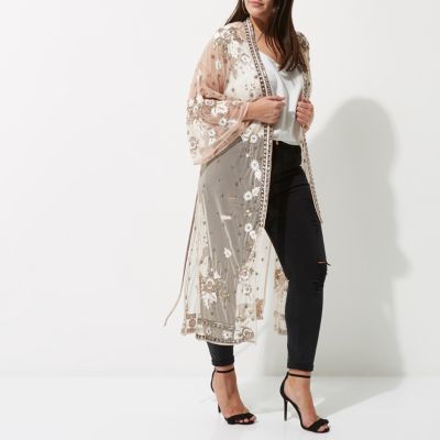 Plus - Kimono long à fleurs rose