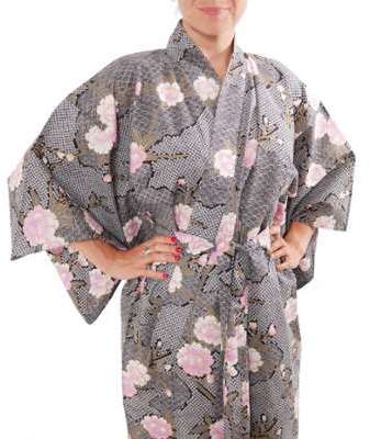 Kimono yukata traditionnel japonais noir en coton