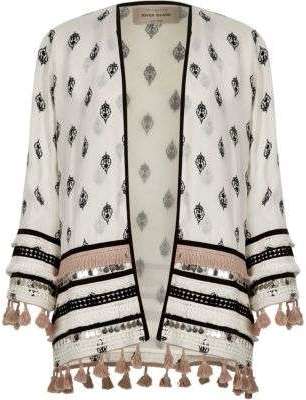 Kimono imprimé blanc orné à manches longues