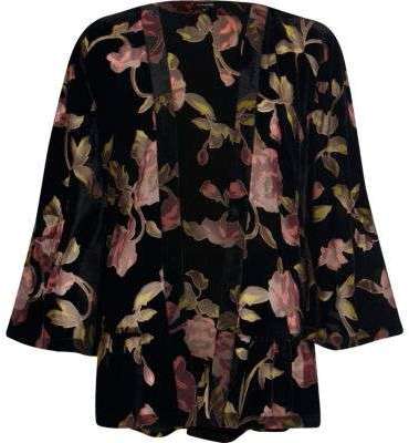 Kimono fleuri effet usé noir