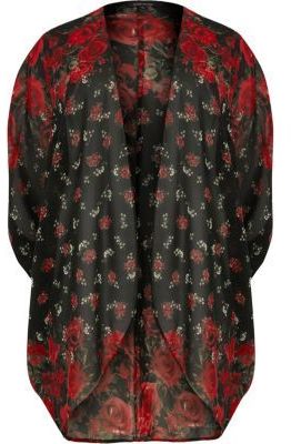 Plus - Kimono à imprimé roses manches chauve-souri