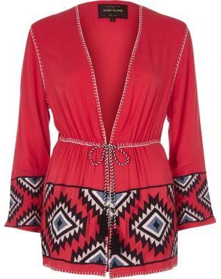 Kimono de plage imprimé aztèque rouge brodé