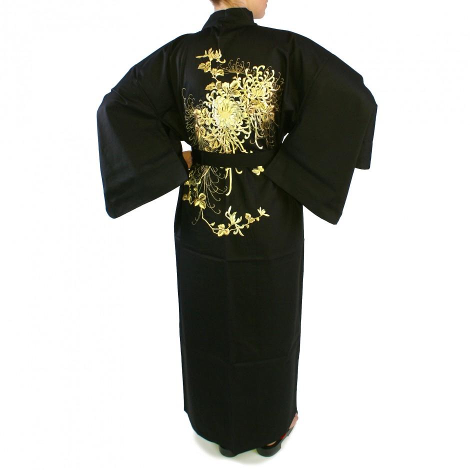 Kimono japonais noir en coton pour femme chrysanth