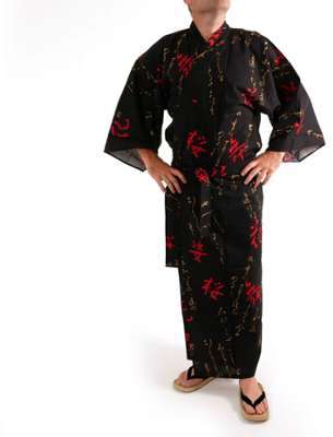 Kimono yukata traditionnel japonais noir en coton