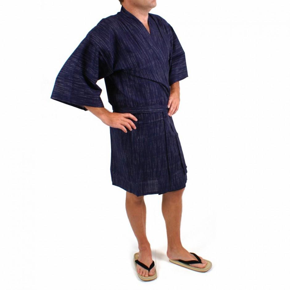 Happi kimono bleu foncé en coton pour homme lignes