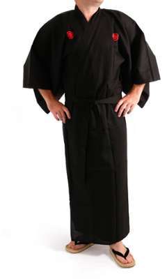 Kimono noir kanji argent coton shantung traditionn