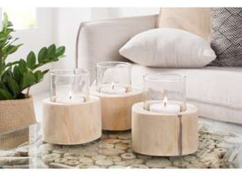 Set de 3 pièces photophores en bois teck Glen 14 cm Set de 3 pièces photophores