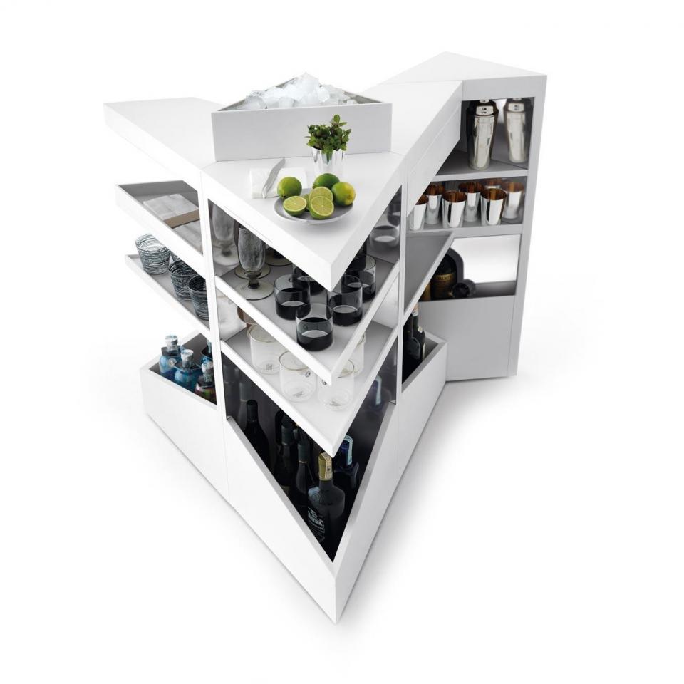 Q bist - Meuble bar avec des roues - blanc Corian géométrie Q bist - Meuble bar avec des
