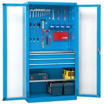 Armoire à portes vitrées avec panneau outillage et Armoire à portes vitrées avec