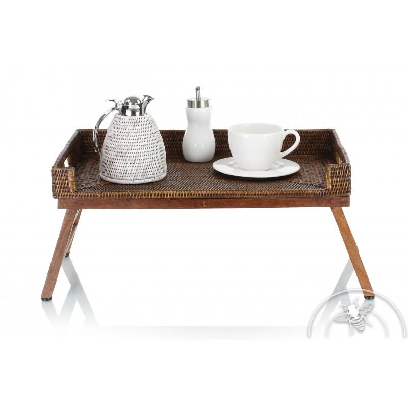 Plateau de lit en bois et rotin