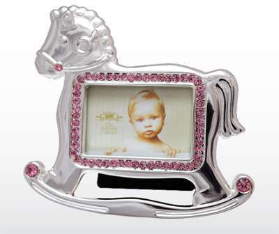 Cadre photo bébé cheval à bascule strass rose