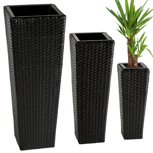 3 Pots de fleurs en Résine Tressée Poly Rotin noir