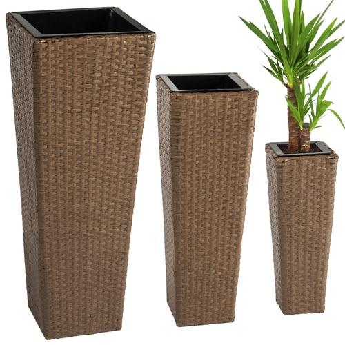 3 Pots de fleurs en Résine Tressée Poly Rotin marr