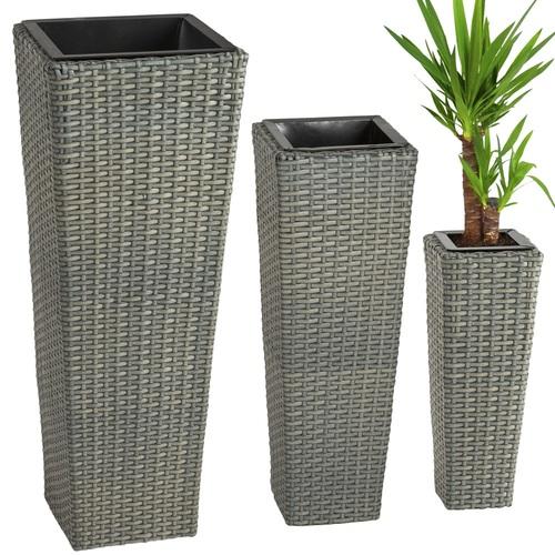 3 Pots de fleurs en Résine Tressée Poly Rotin gris