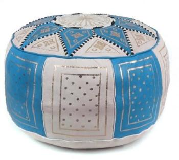 Pouf fassi en cuir Turquoise et blanc, pouffe maro