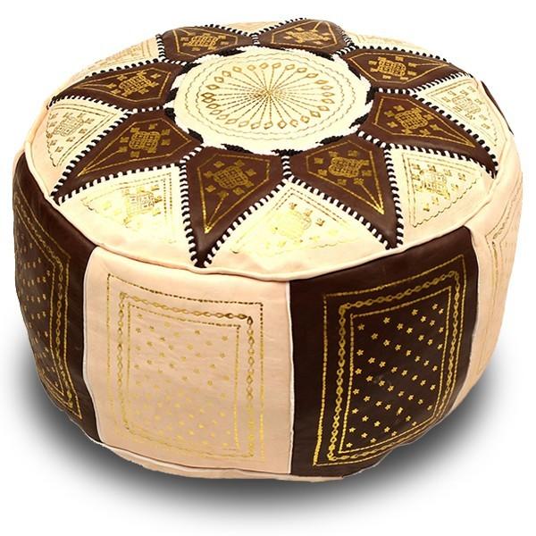 Pouf fassi en cuir ivoire et chocolat, pouffe maro