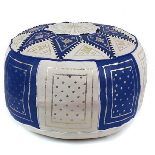 Pouf fassi en cuir Bleu et blanc, pouffe marocain
