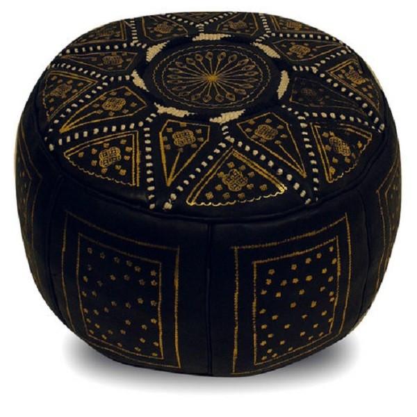 Pouf fassi en cuir Noir et doré, pouffe marocain e