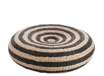 Pouf Rond en Rotin Noir et Naturel Rayé Ethnic