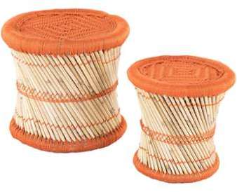 2x Pouf rond orange bleu en fibres de bambou natur