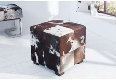 Tabouret design en cuir/peau de vache blanc/marron